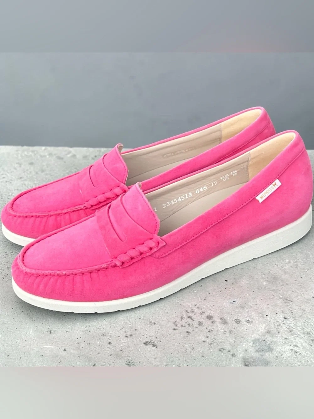 Mephisto Bright Pink Suede Penny Loafers with White Sole